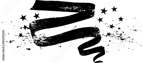 Grunge torn ribbon with stars in black and white stencil art for spring festival design