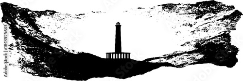 Black and white stencil illustration of a torn street sticker with lighthouse silhouette