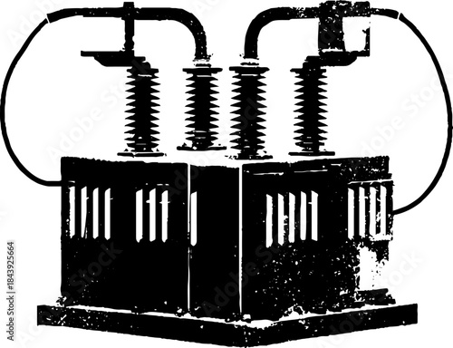 Black and white stencil illustration of transformer energy tech device