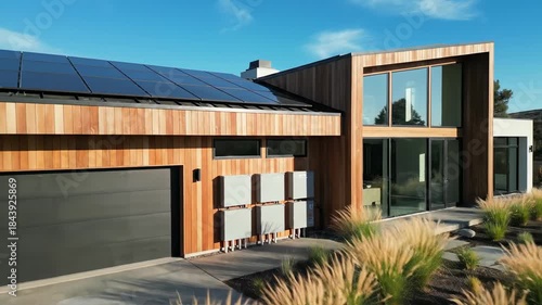 Modern home with solar panel roof and battery storage system for sustainable living and clean energy solution