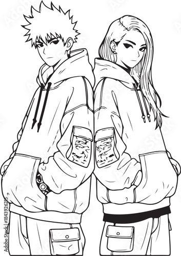 Valentine's Day Anime Couple Line Art Vector. 14 February Romantic Manga Sketch for T-shirt Print.