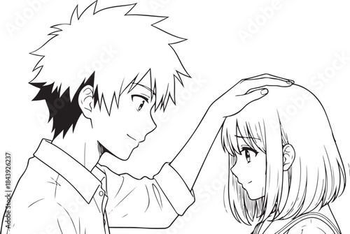 Valentine's Day Anime Couple Line Art Vector. 14 February Romantic Manga Sketch for T-shirt Print.