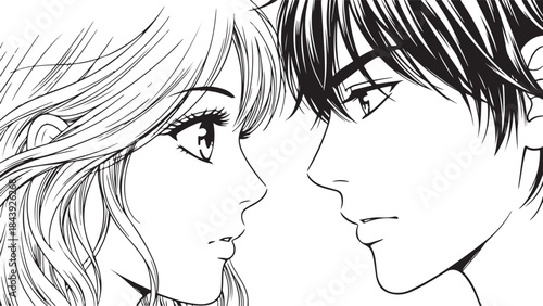 Valentine's Day Anime Couple Line Art Vector. 14 February Romantic Manga Sketch for T-shirt Print.