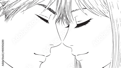 Valentine's Day Anime Couple Line Art Vector. 14 February Romantic Manga Sketch for T-shirt Print.