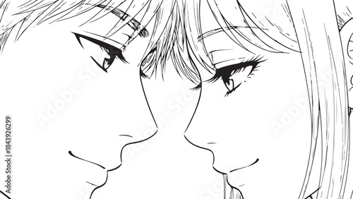 Valentine's Day Anime Couple Line Art Vector. 14 February Romantic Manga Sketch for T-shirt Print.