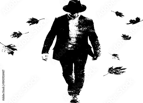 Stencil silhouette of a walking figure with falling autumn leaves