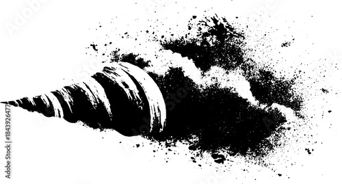 Eroded spiral shell stencil art with grunge splatter effect for urban design