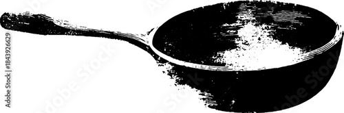 Black and white stencil of angled ladle and bowl with textured details