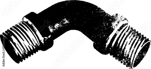 Black and white stencil illustration of an angled pipe connector for industrial design projects