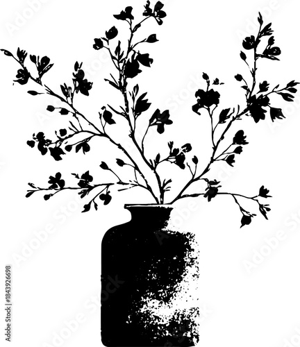 Black and white stencil of blooming spring branch in vase for home decor
