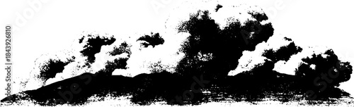 Dramatic black and white stencil of volcanic eruption with smoky clouds silhouette