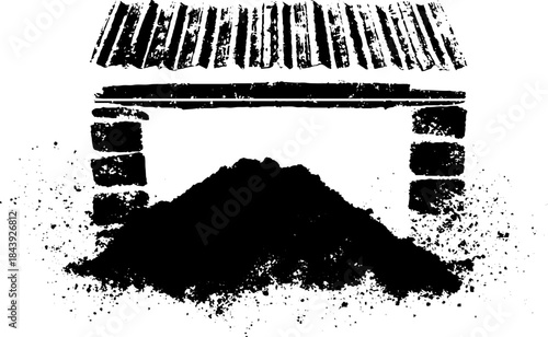 Grunge black and white stencil of collapsed soffit with debris