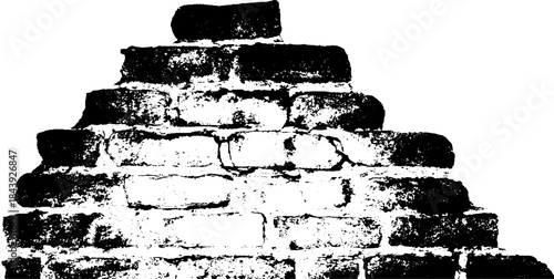 Black and white stencil art of cracked brick wall for urban design and decor