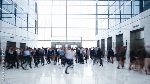 Business people, men and women, in motion at an office building lobby, showing bustling activity and modern corporate environment video footage