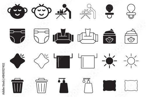 Diaper Changing Essentials. Diaper changing concept linear icon set: diaper, wipes, changing table, lotion, powder, trash bin, baby cream, towel