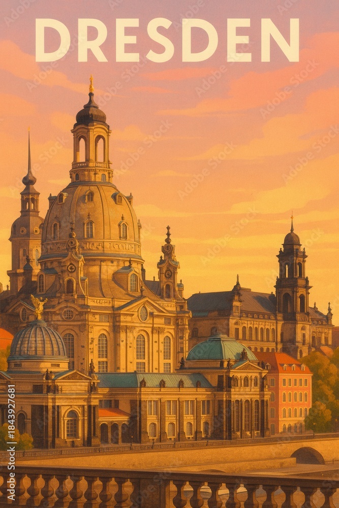Fototapeta premium Warm-toned illustration of Dresden's architectural highlights featuring the Frauenkirche dome, baroque facades, and historic buildings under a soft pink and orange sky