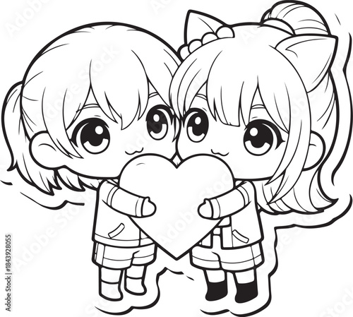 Valentine's Day Anime Couple Line Art Vector. 14 February Romantic Manga Sketch for T-shirt Print.