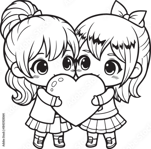 Valentine's Day Anime Couple Line Art Vector. 14 February Romantic Manga Sketch for T-shirt Print.