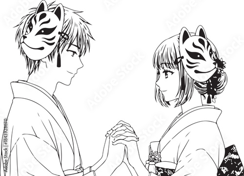 Valentine's Day Anime Couple Line Art Vector. 14 February Romantic Manga Sketch for T-shirt Print.