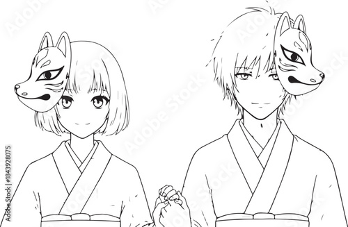 Valentine's Day Anime Couple Line Art Vector. 14 February Romantic Manga Sketch for T-shirt Print.