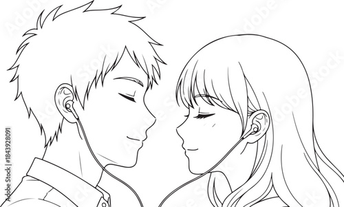 Valentine's Day Anime Couple Line Art Vector. 14 February Romantic Manga Sketch for T-shirt Print.