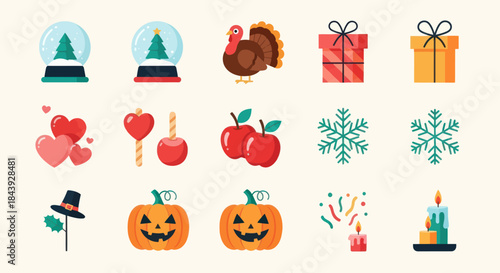 Festive holiday icons snow globes presents turkey apples pumpkins and more