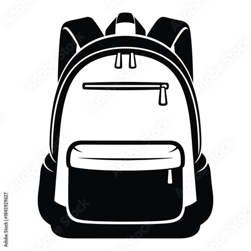 Simple black and white illustration of a modern backpack with multiple compartments