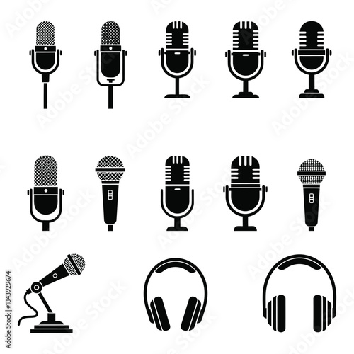 Collection of classic and modern microphones and headphones, icons for audio and broadcasting