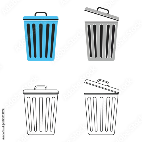 Modern Blue and Gray Trash Can Icons with Open and Closed lids for Digital Use