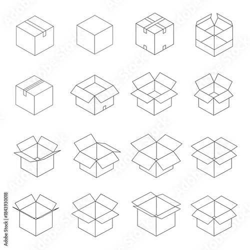 Sixteen cardboard boxes in various stages of opening Page