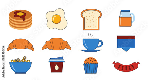 Illustrated breakfast food icons set isolated on white background