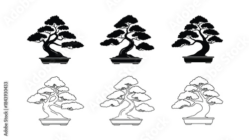 Three black bonsai trees and their corresponding outline versions shown together