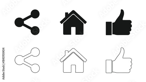 Black and white icons depicting sharing home and a thumbs up gesture