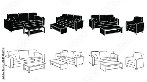 Black and white outline of modern sofas and coffee tables arrangement