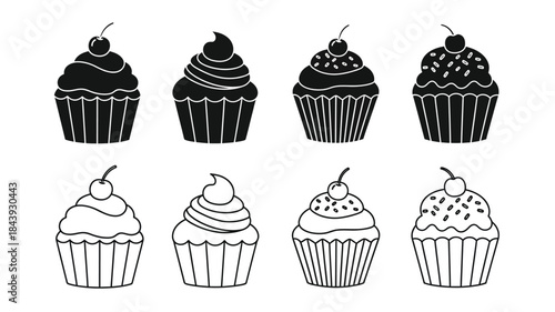 A collection of black and white cupcake illustrations with cherry toppings