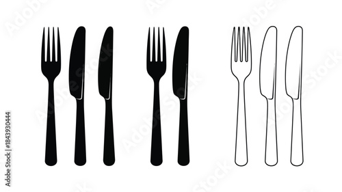 Simple illustration of black and white cutlery forks and knives arranged neatly