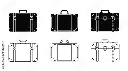 Black and white outline illustration of vintage suitcases for travel themes