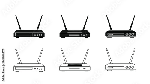 Illustration of wireless routers in different styles and perspectives
