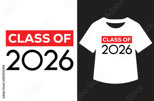Minimal “class of 2026” typography t‑shirt design, bold black year text with red START box, motivational new beginning concept, clean vector graphic on white background.