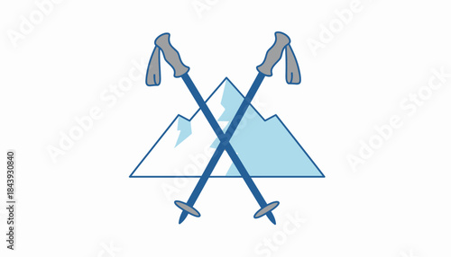 A sy set of ski poles with ergonomic grips resting against a snowy mountain backdrop.