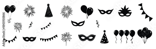 Celebration and Party Elements Silhouette Set - Balloons, Masks, and Fireworks