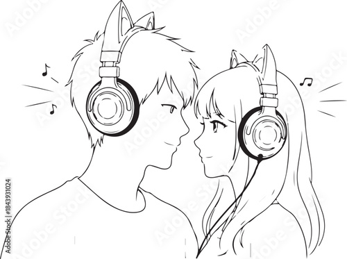 Valentine's Day Anime Couple Line Art Vector. 14 February Romantic Manga Sketch for T-shirt Print.