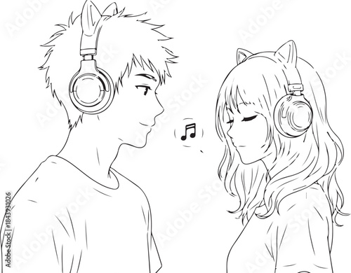 Valentine's Day Anime Couple Line Art Vector. 14 February Romantic Manga Sketch for T-shirt Print.