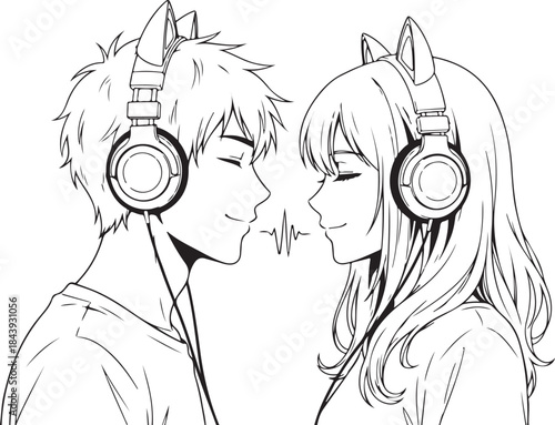 Valentine's Day Anime Couple Line Art Vector. 14 February Romantic Manga Sketch for T-shirt Print.