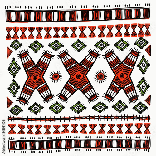 Pattern design featuring Kente cloth motifs in red and green colors  