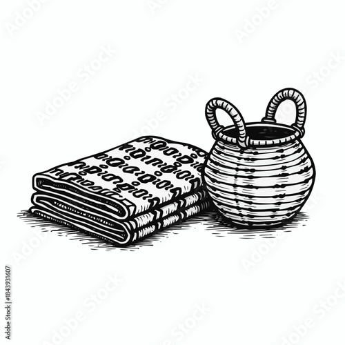 Decorative woven blanket and traditional basket in black and white  