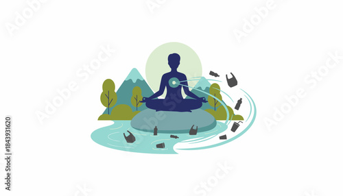 A serene scene of a person meditating amidst nature highlighting the mental health benefits of living in harmony with the environment and reducing plastic footprint.