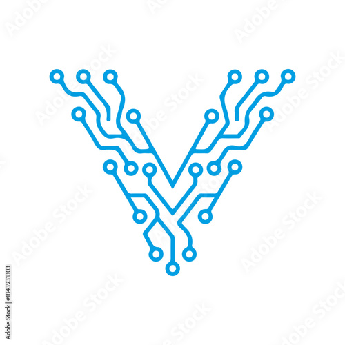 A vector icon of the letter 'V' designed with blue electronic circuit lines, symbolizing virtual reality (VR), digital velocity, and innovative technology. Ready in PNG, JPG, and editable EPS formats.