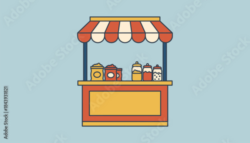 A festive stand offering gourmet popcorn in a spectrum of flavors from sweet caramel to savory cheese displayed in colorful bags and jars.