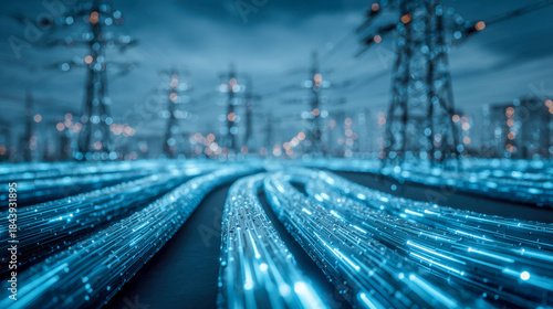 Network of illuminated fiber optic cables representing high-speed data transfer and connectivity with transmission towers in the background under a moody sky